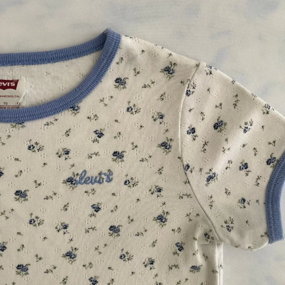 Levi's White & Blue Floral Logo Crewneck Baby Tee Shirt